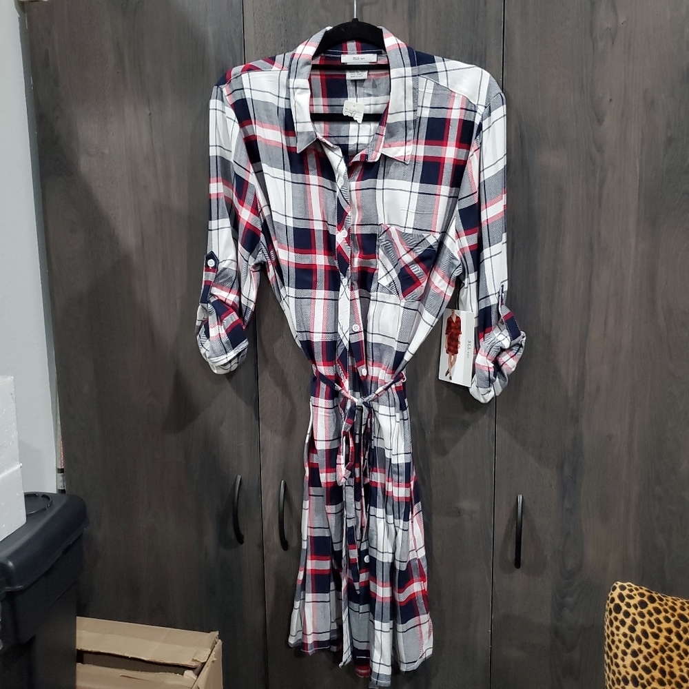 Tartan BLL NYC Shacket Shirt Dress Size XL NWT Red White Blue Plaid Holiday Wear